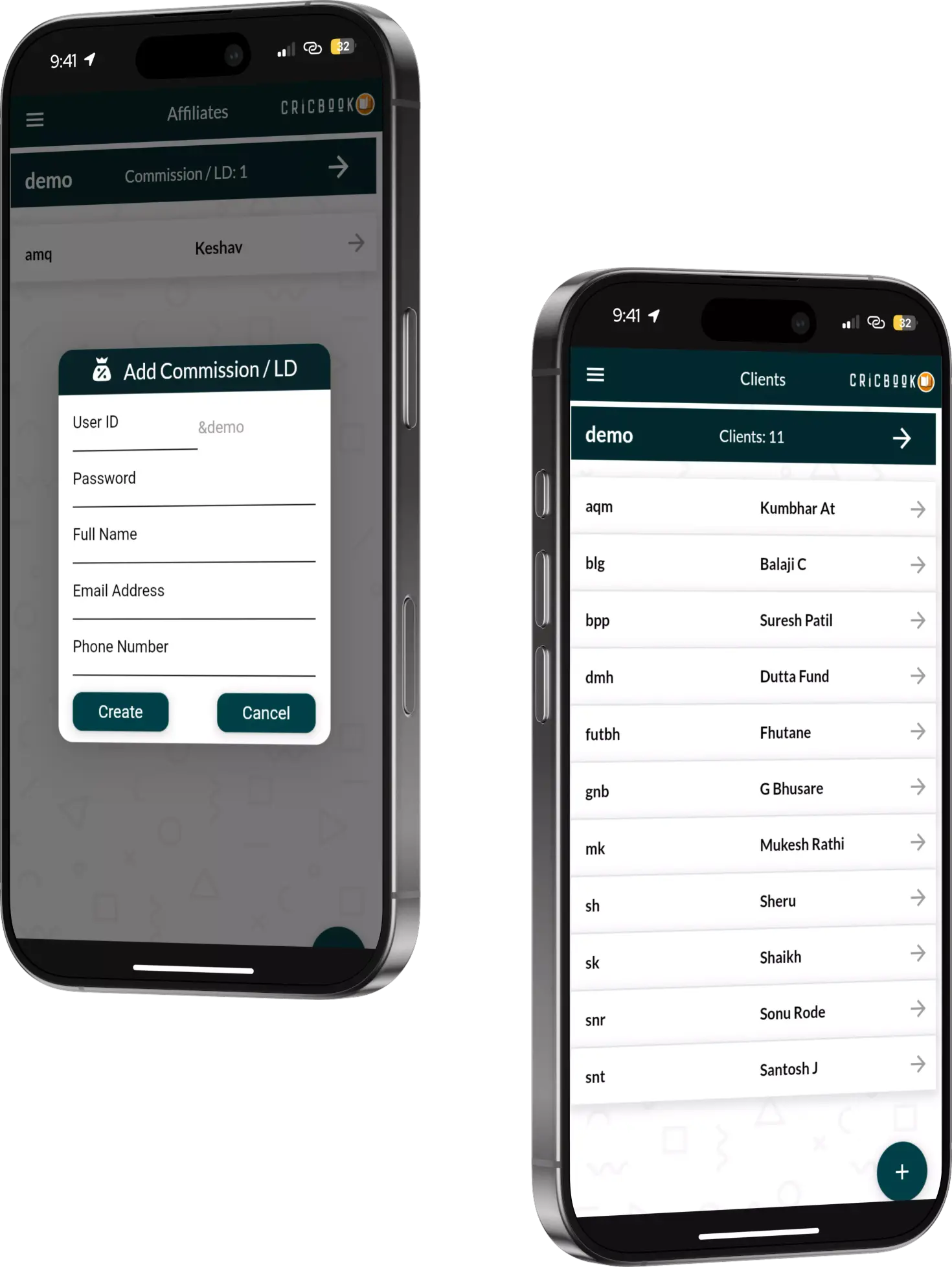 Cricbook player management screen showing client list and bet history