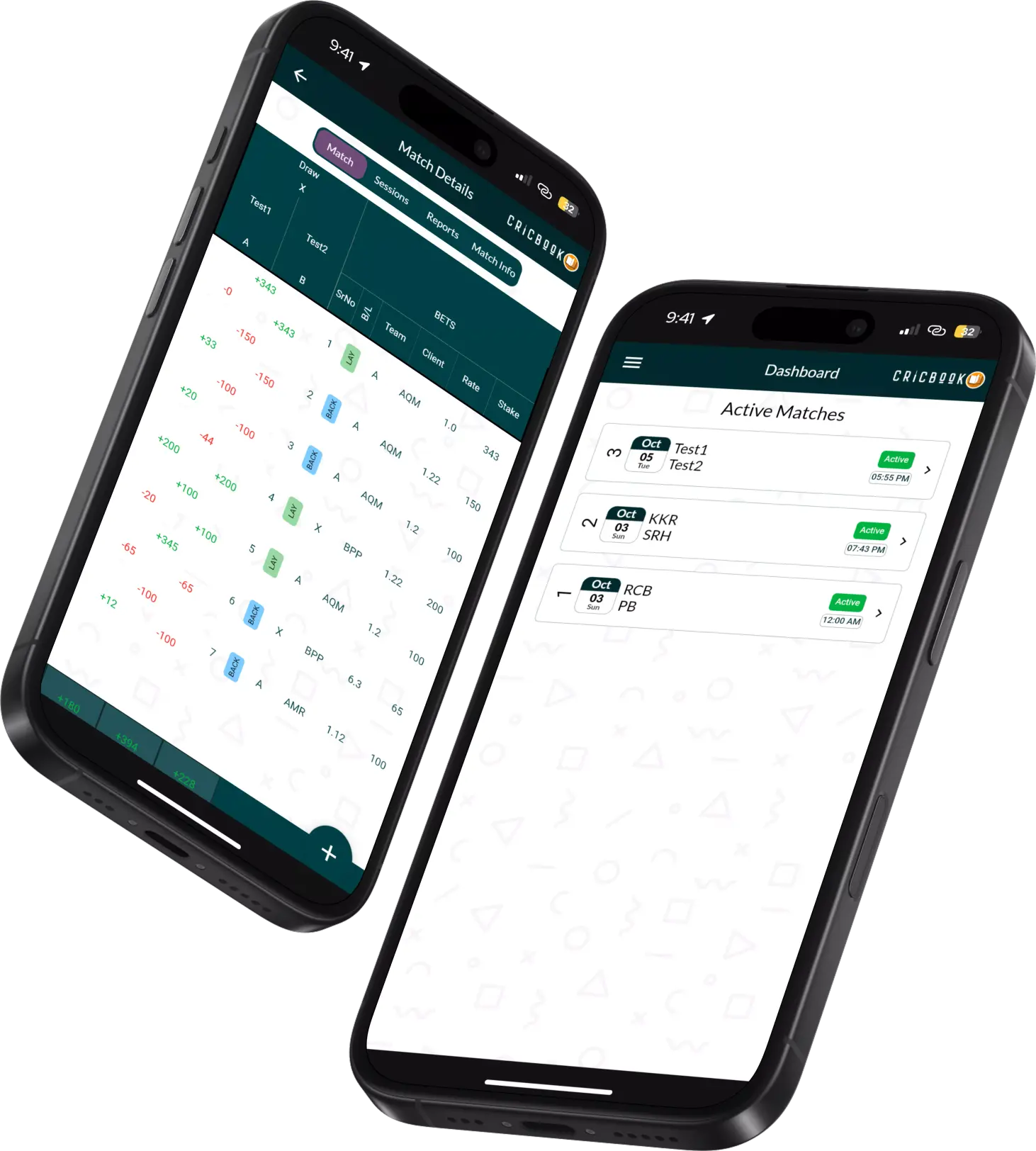 Cricbook user dashboard showing active bets and match status